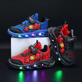 Disney Spiderman LED sneakers for boys featuring blue and red Spider-Man themed light-up shoes with black mesh